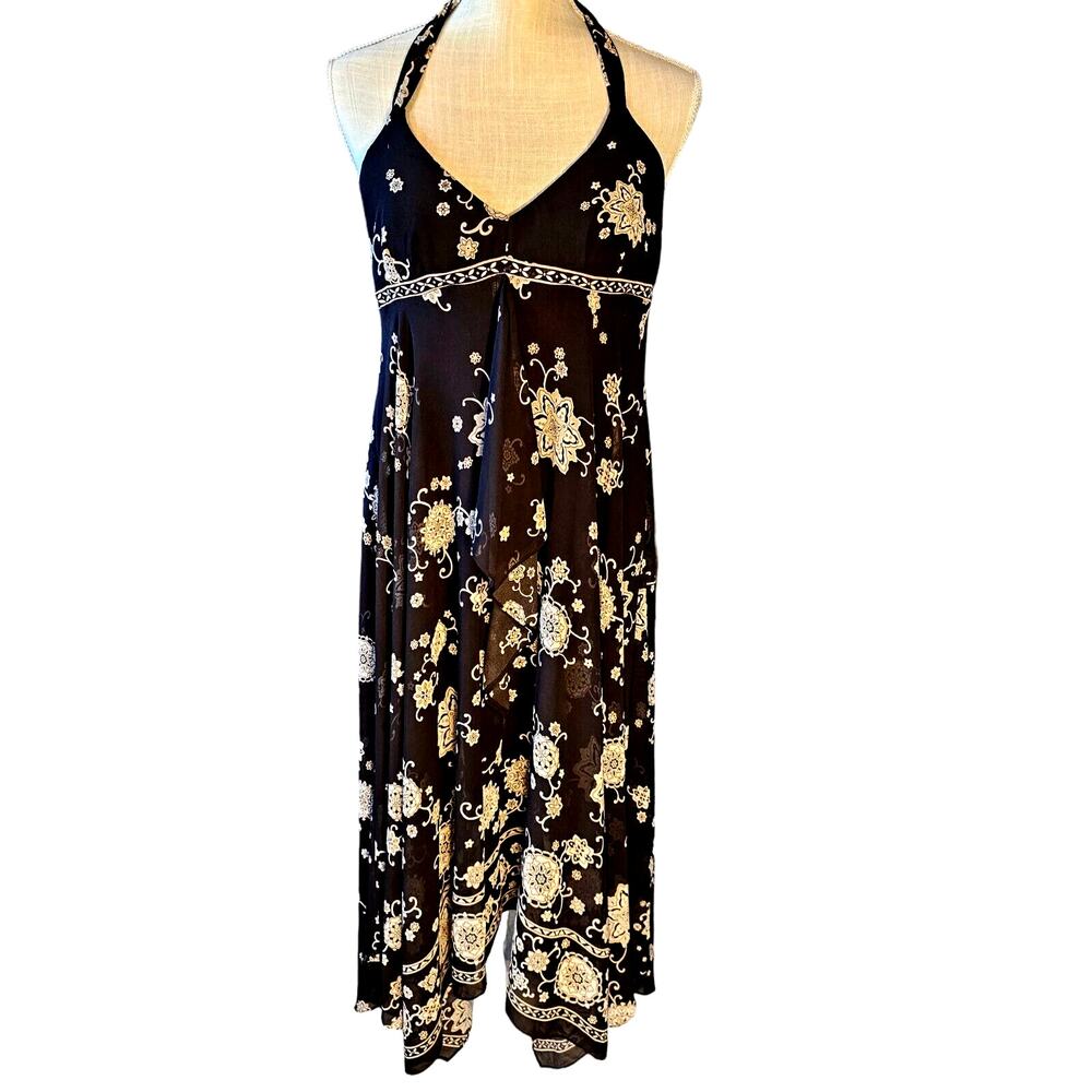 Vtg Plaza South Halter Dress Sz 8 Black Floral Romantic Cruise Boho Beach